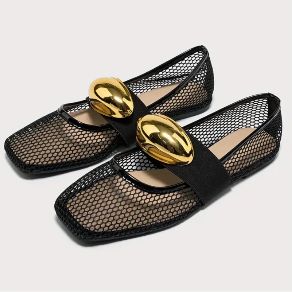 New Fishnet Mesh Ballet Flats Gold Metallic Buckle NWT Black Slip On Square Toe - Picture 1 of 9